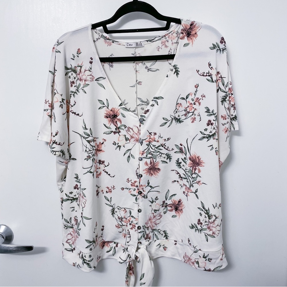 Dex Floral Tie Front Blouse 1X Ivory Boho Button Up Top Plus Size